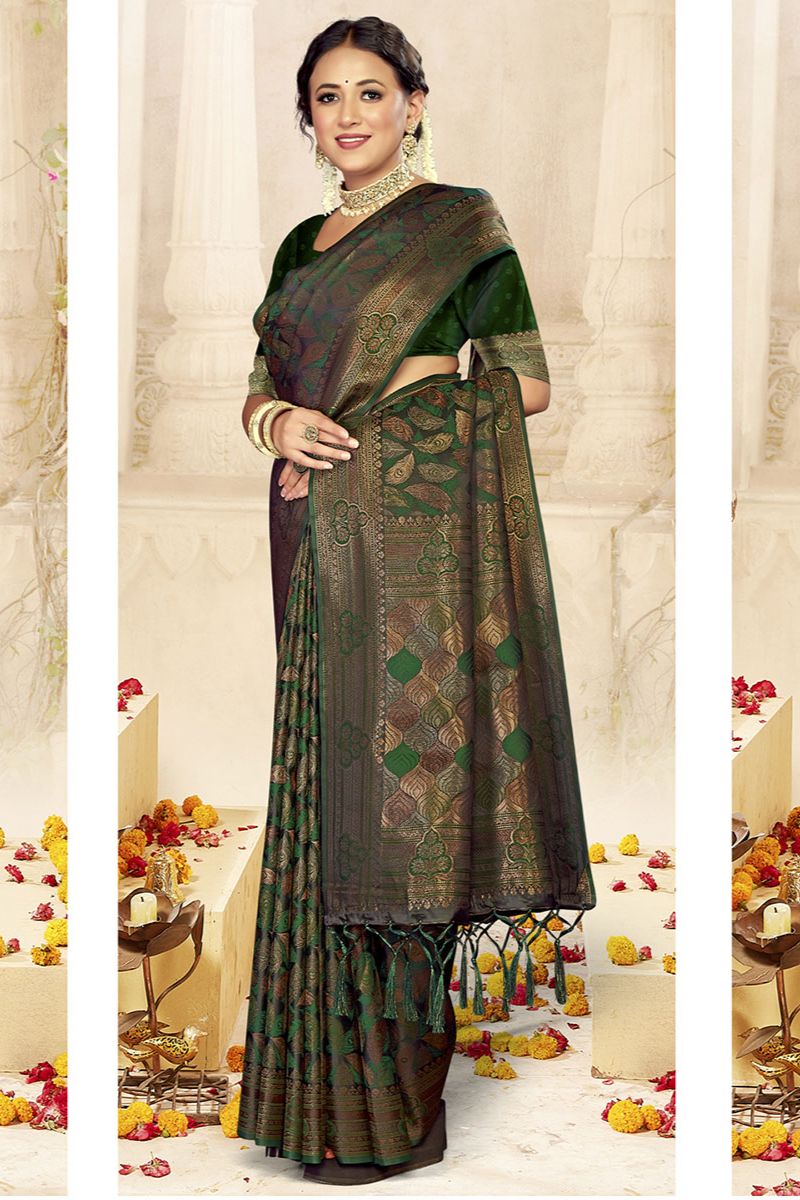 Forest Green Woven Satin Silk Saree