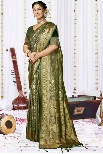 Forest Green Woven Satin Silk Saree