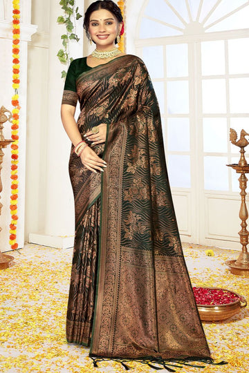 Forest Green Woven Satin Silk Saree