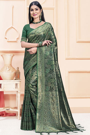 Forest Green Woven Satin Silk Saree