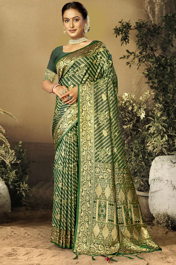 Forest Green Woven Satin Silk Saree