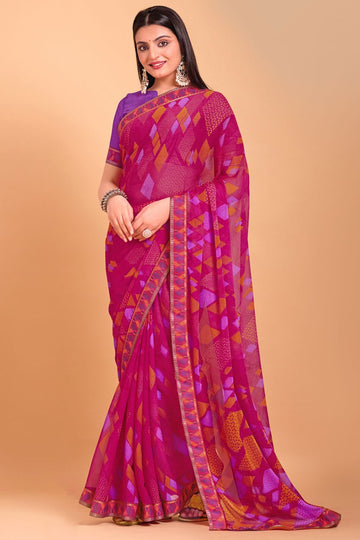 Fuchsia Digital Printed Chiffon Casual Wear Saree