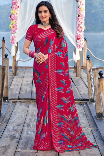 Fuchsia Printed Casual Wear Chiffon Saree