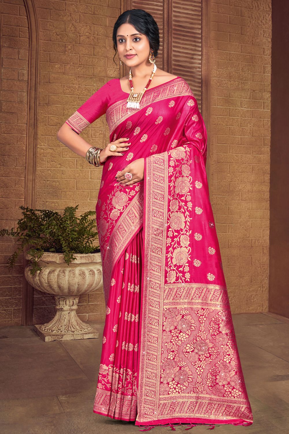 Fuchsia Silk Woven Work Saree