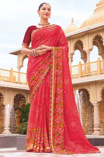 Gajari Pink Bandhani Print Georgette Chiffon Saree for Party