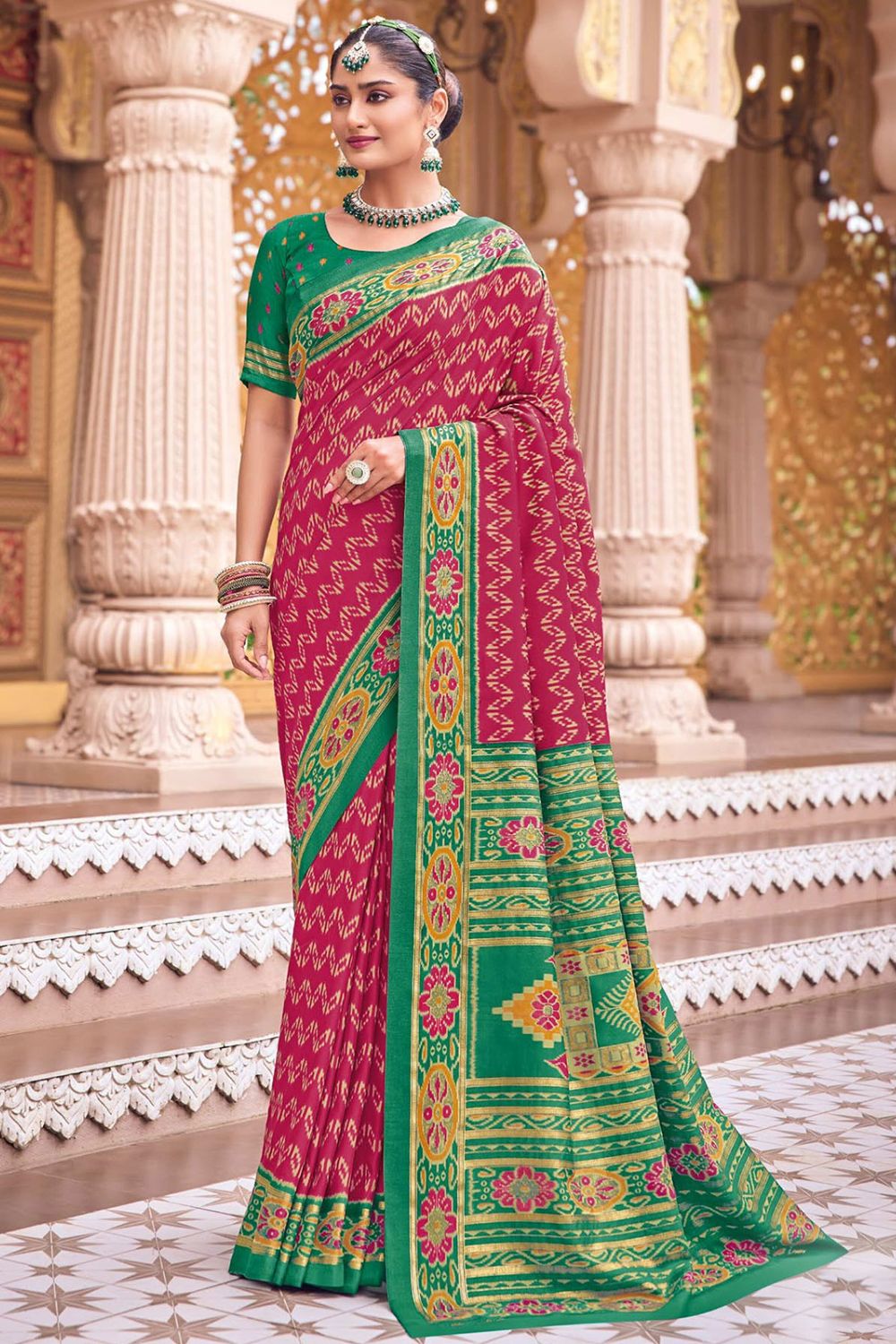 Gajari Pink Silk Printed Saree