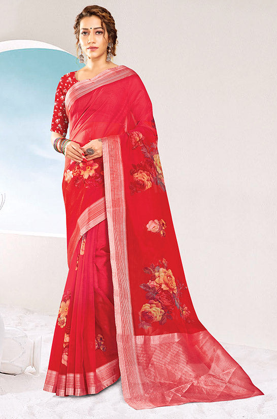 Gajari Red Organza Silk Printed Saree