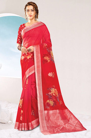 Gajari Red Organza Silk Printed Saree