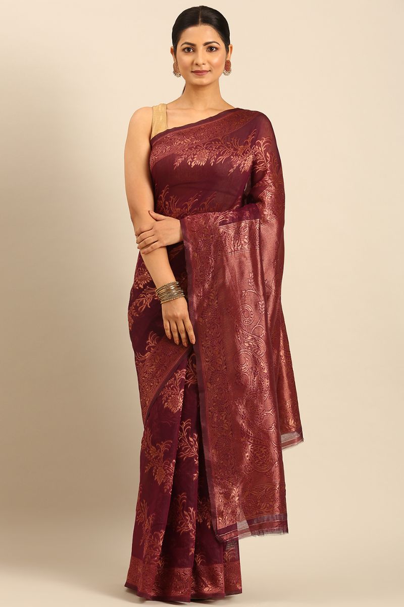 Garnet Maroon Jacquard Work Cotton Saree