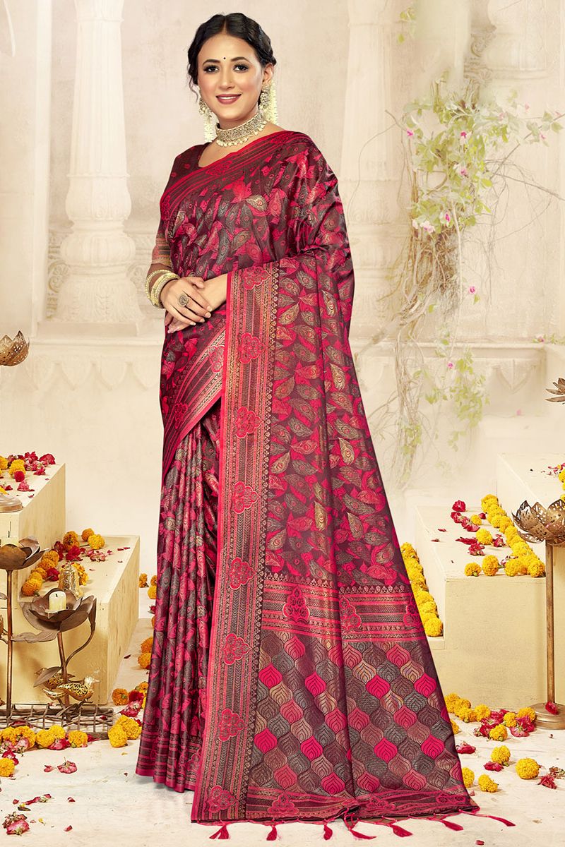 Garnet Maroon Woven Satin Silk Saree