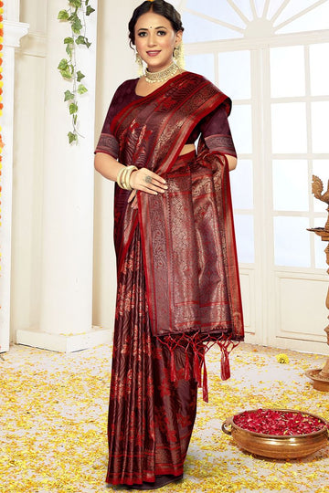 Garnet Maroon Woven Satin Silk Saree