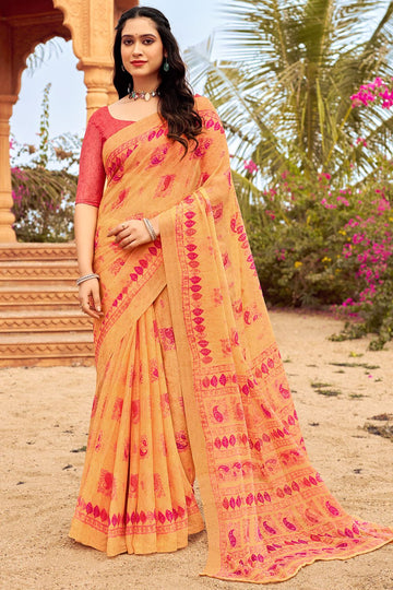 Golden Apricot Digital Printed Chiffon Casual Wear Saree