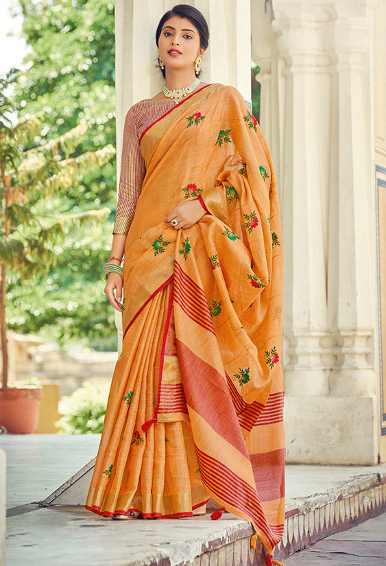 Golden Apricot Embellished Linen Party Wear Saree