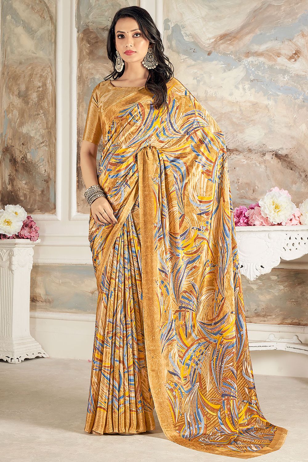 Golden Digital Print Silk Crepe Saree for Party