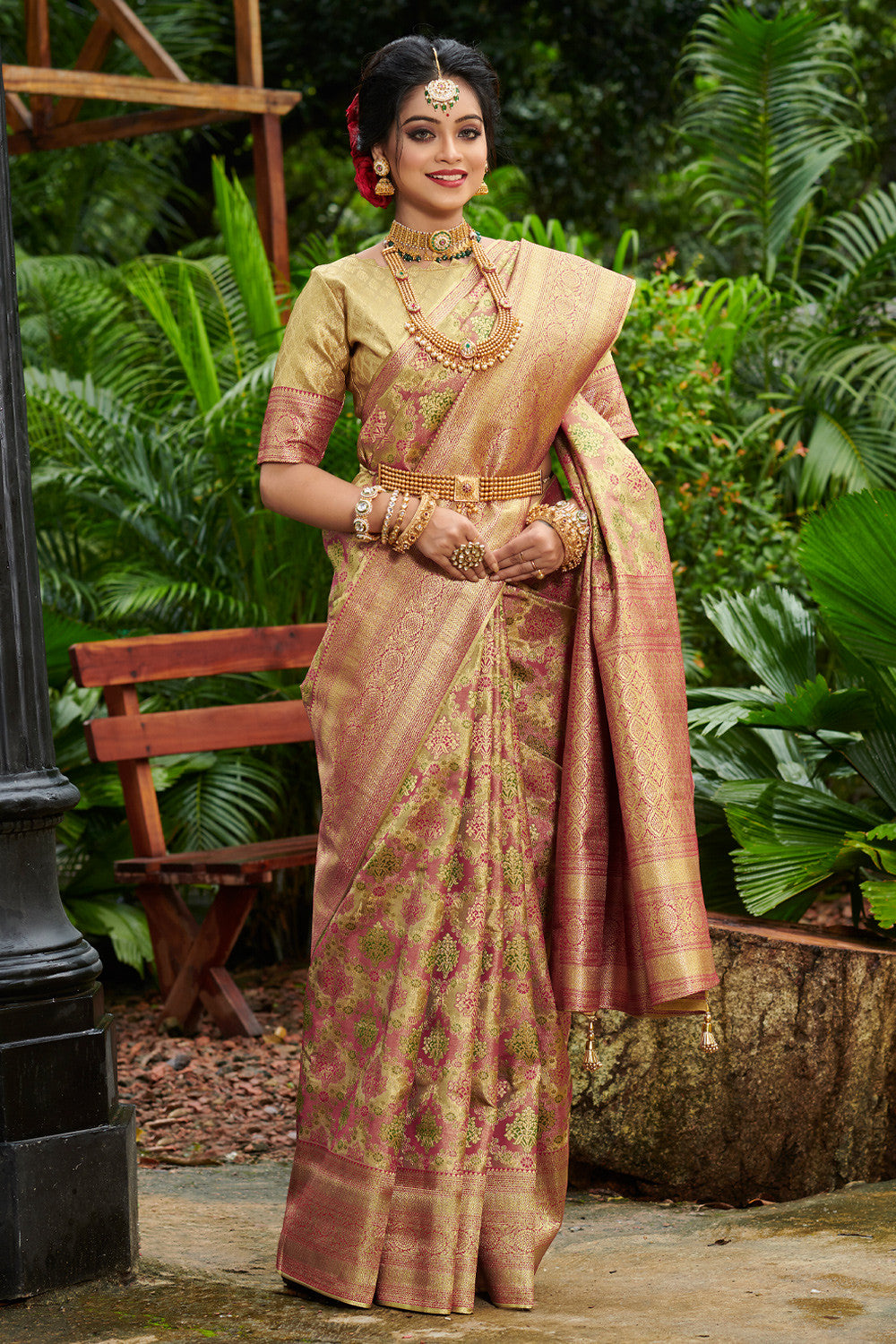 Golden Kanjivaram Silk Saree for Festival