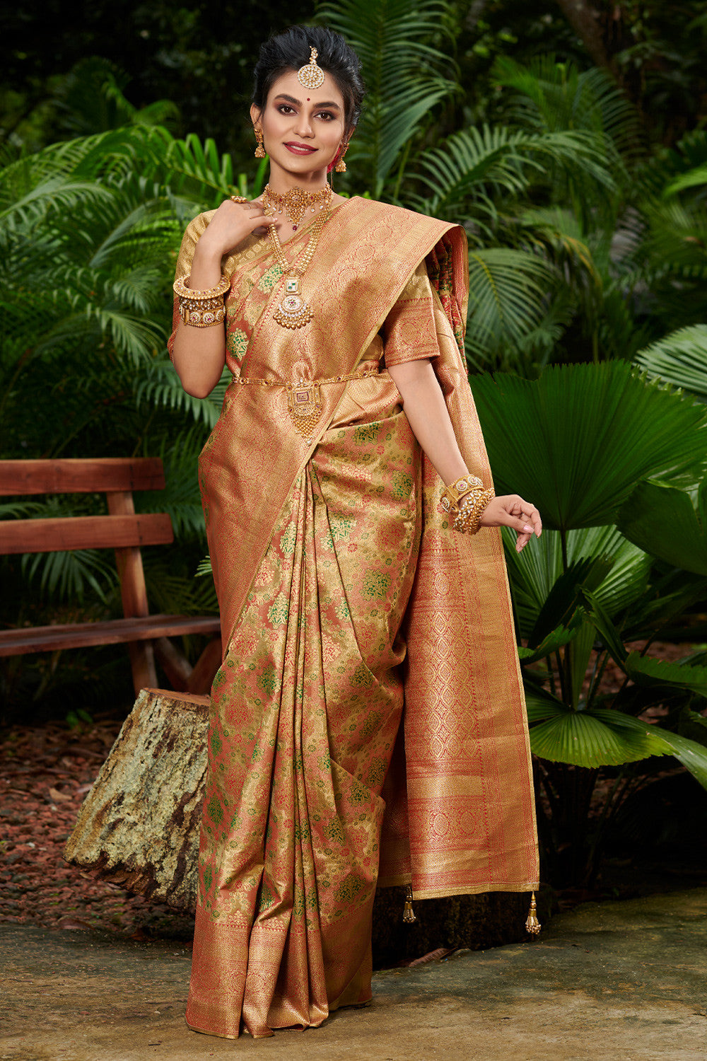 Golden Kanjivaram Silk Saree for Festival