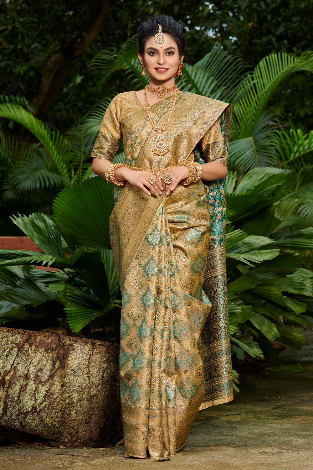 Golden Kanjivaram Silk Saree for Festival