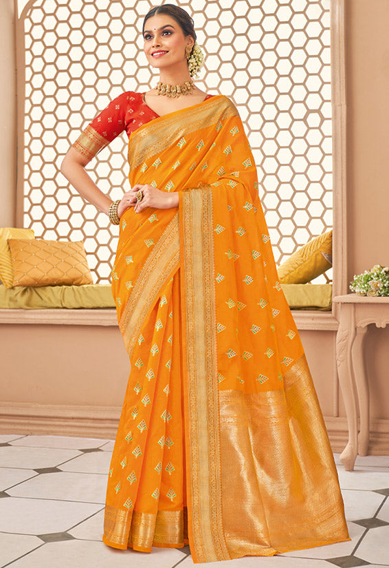 Golden Orange Silk Party Wear Saree with Contrast Blouse