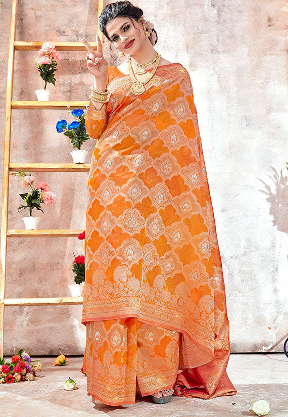 Golden Orange Woven Organza Saree for Party