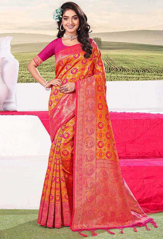 Golden Orange Weaving Work Soft Silk Saree