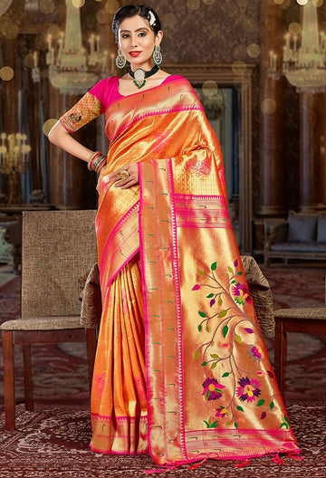 Golden Orange Woven Paithani Silk Saree for Festival