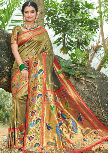 Golden Paithani Silk Zari Weaving Work Saree