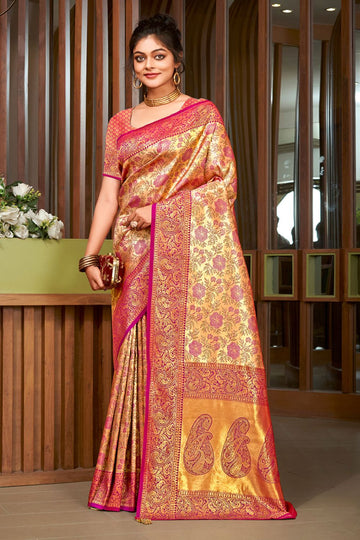 Golden Zari Weaving Work Silk Saree