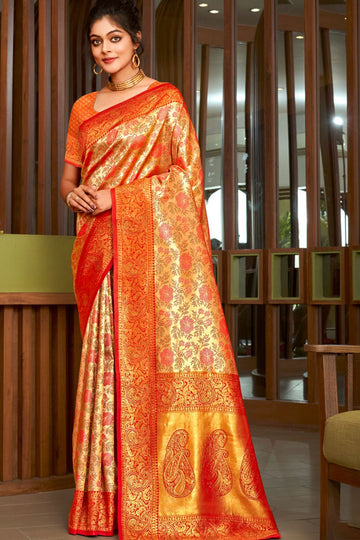 Golden Zari Weaving Work Silk Saree