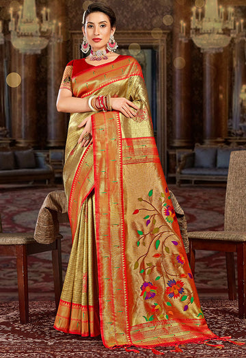 Golden Woven Paithani Silk Saree for Festival