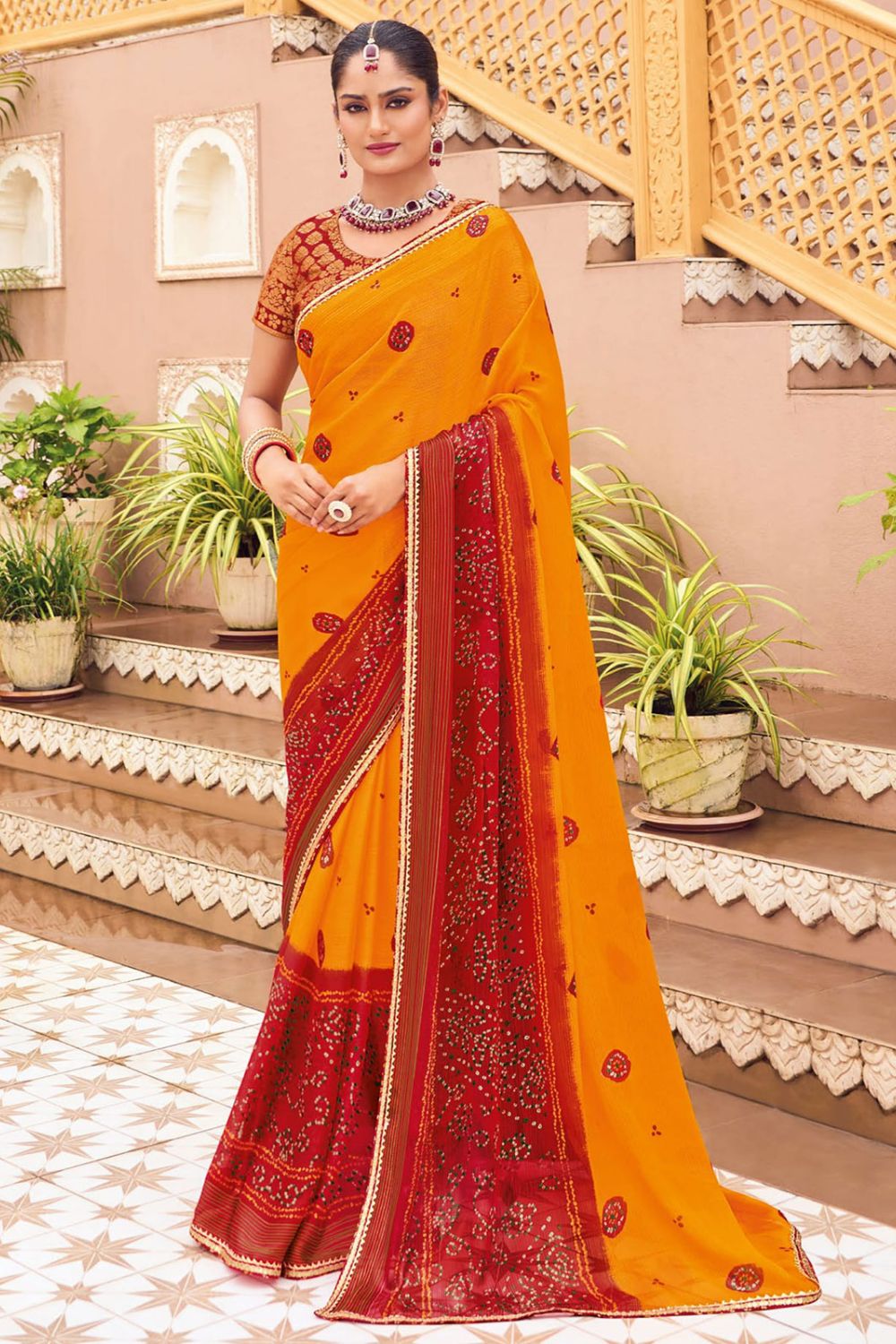 Golden Yellow and Red Bandhani Print Georgette Chiffon Saree for Party