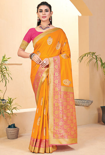 Golden Yellow Banarasi Silk Woven Saree