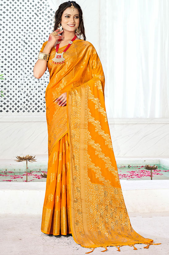 Golden Yellow Banarasi Silk Woven Saree for Festival