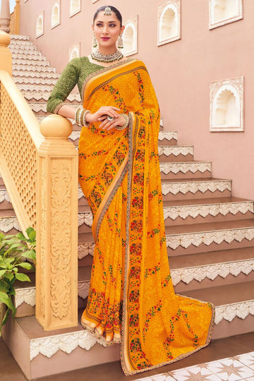 Golden Yellow Bandhani Print Georgette Chiffon Saree for Party