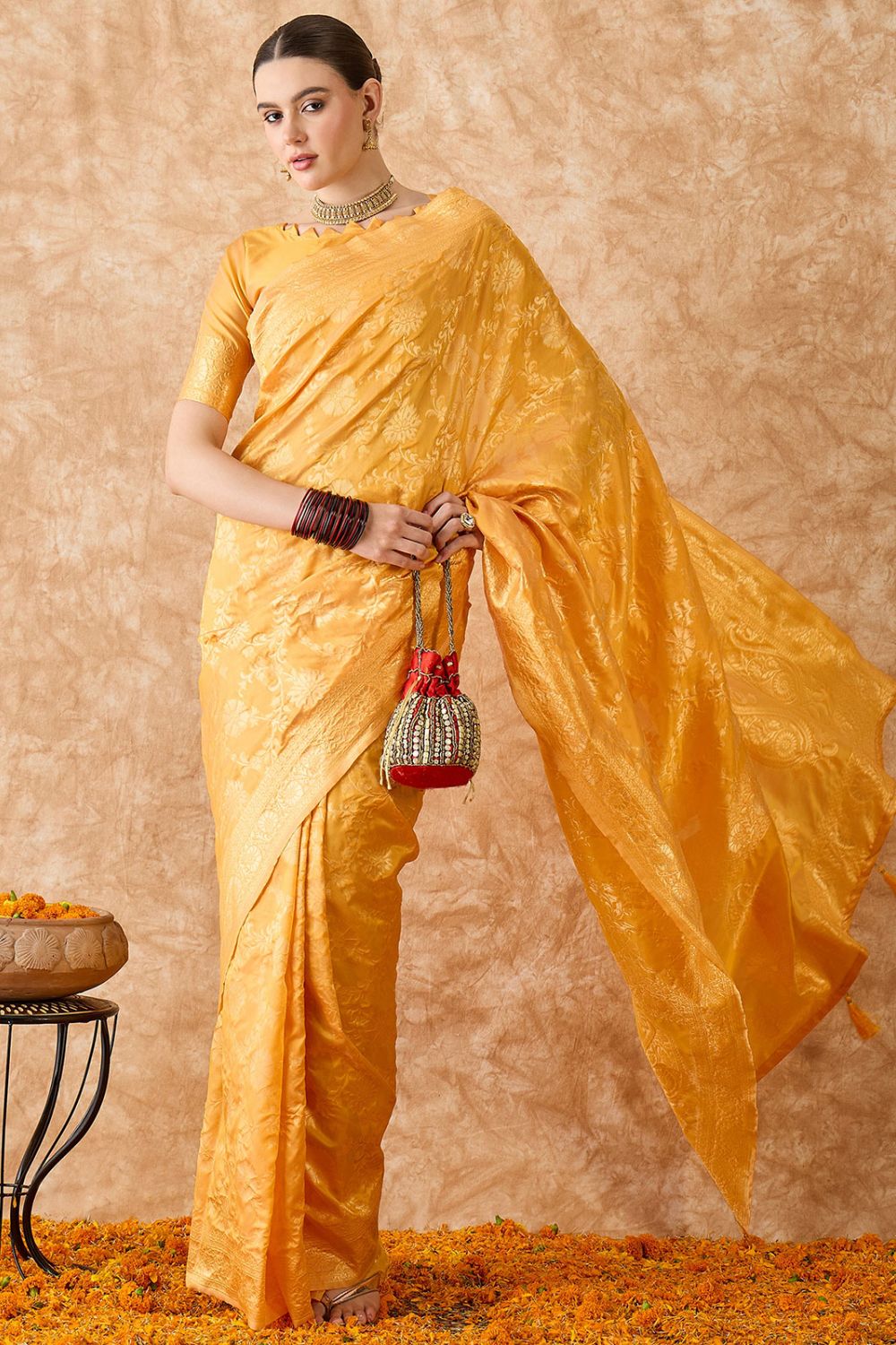 Golden Yellow Cotton Jacquard Saree for Party