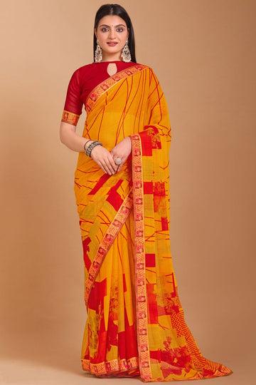 Golden Yellow Digital Printed Chiffon Casual Wear Saree