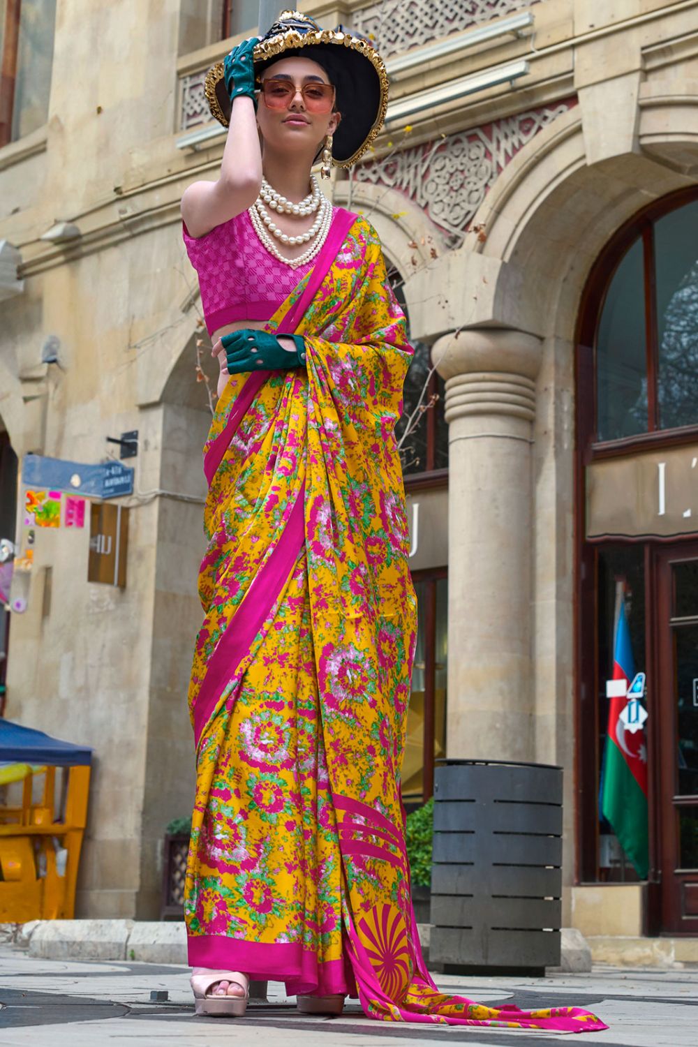 Golden Yellow Digital Print Satin Crepe Saree for Party