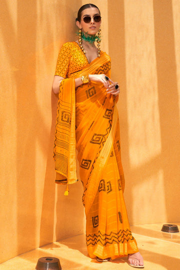 Golden Yellow Georgette Saree with Foil Print