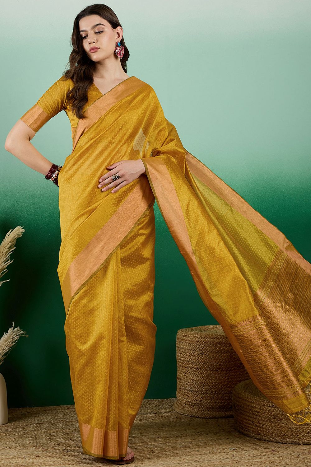 Golden Yellow Organza Woven Party Wear Saree