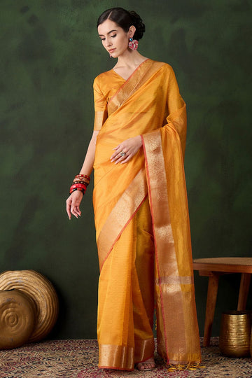 Golden Yellow Organza Saree for Party