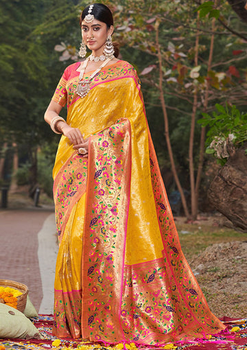 Golden Yellow Paithani Silk Zari Weaving Work Saree