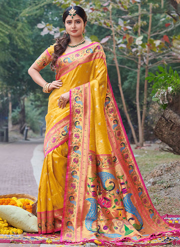 Golden Yellow Paithani Silk Zari Weaving Work Saree