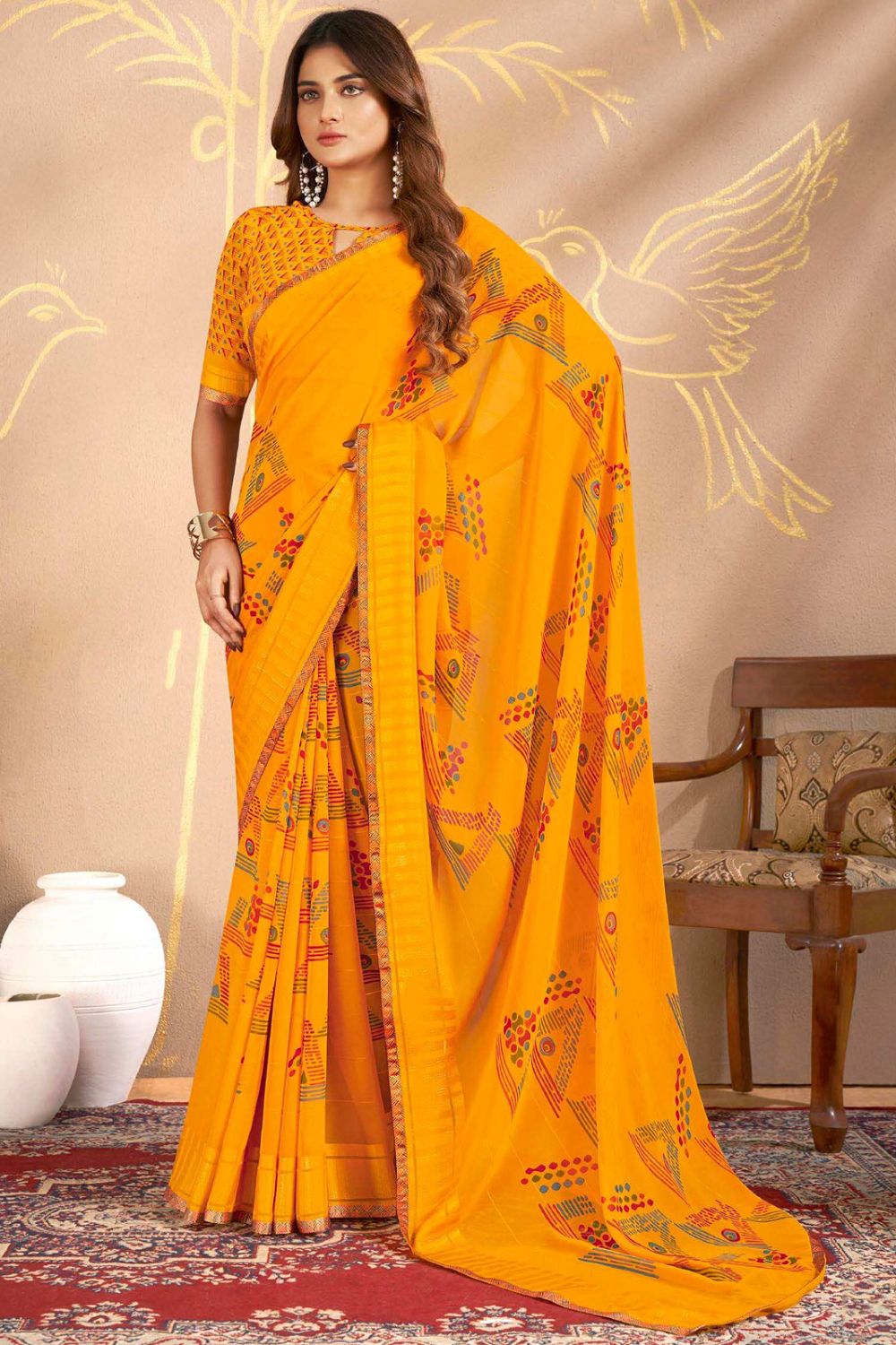 Golden Yellow Printed Georgette Casual Wear Saree