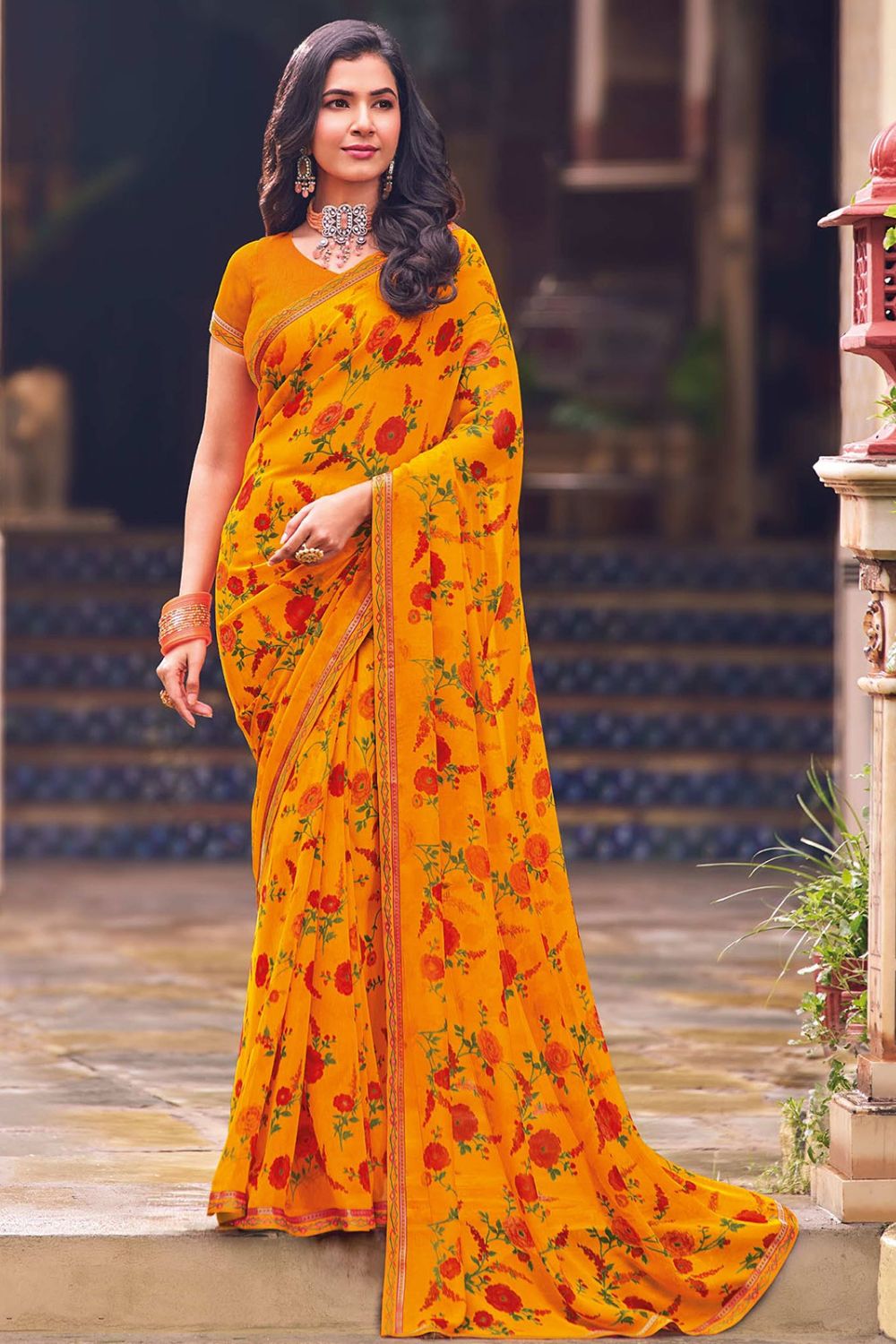 Golden Yellow Printed Georgette Casual Wear Saree