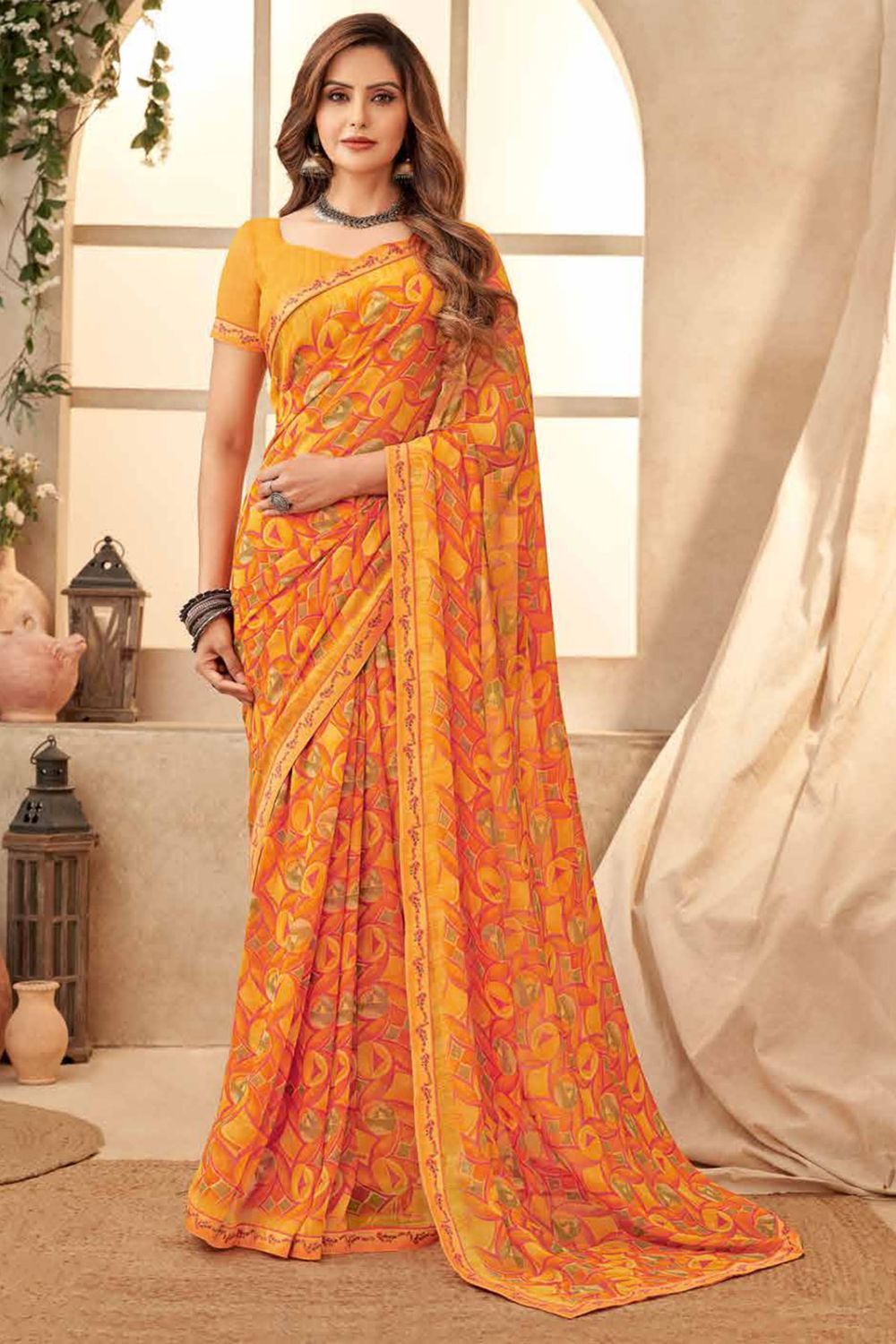 Golden Yellow Printed Georgette Casual Wear Saree