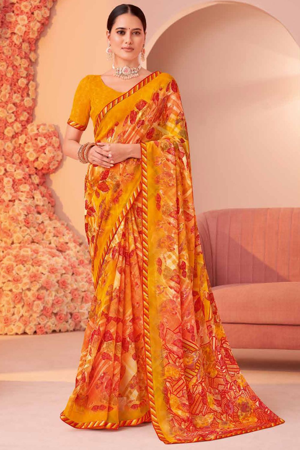 Golden Yellow Printed Georgette Casual Wear Saree