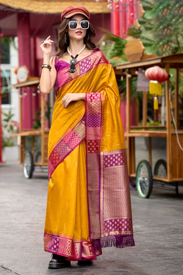 Golden Yellow Weaving Work Pure Banarasi Silk Saree