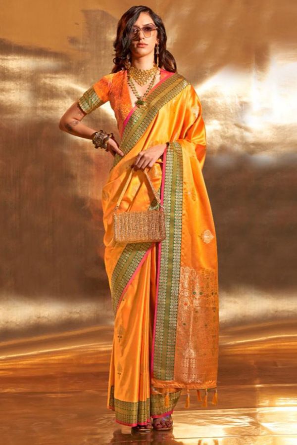 Golden Yellow Pure Satin Chaap Handloom Silk Saree for Party