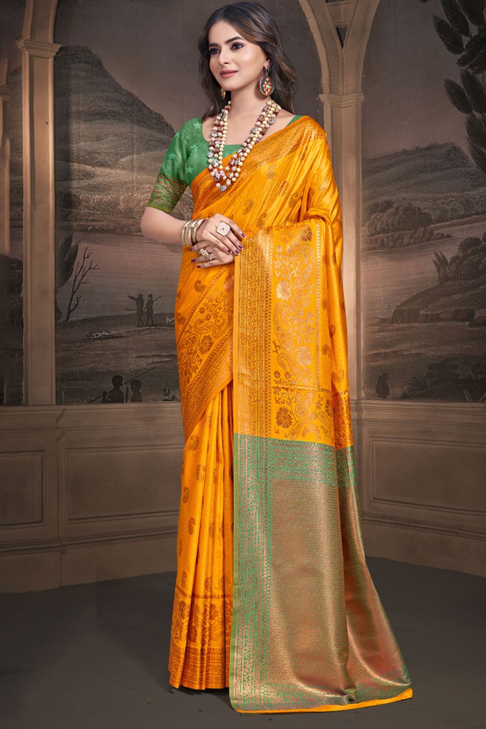 Golden Yellow Silk Woven Work Saree