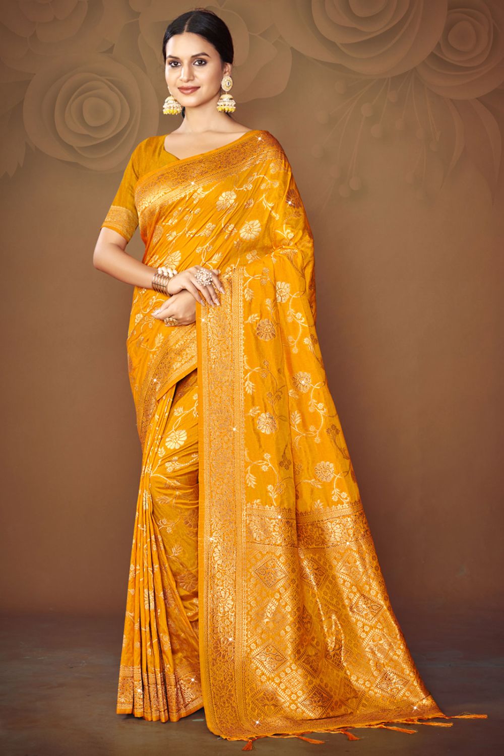 Golden Yellow Silk Woven Work Saree