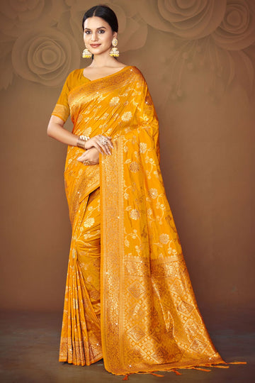 Golden Yellow Weaving Work Silk Saree